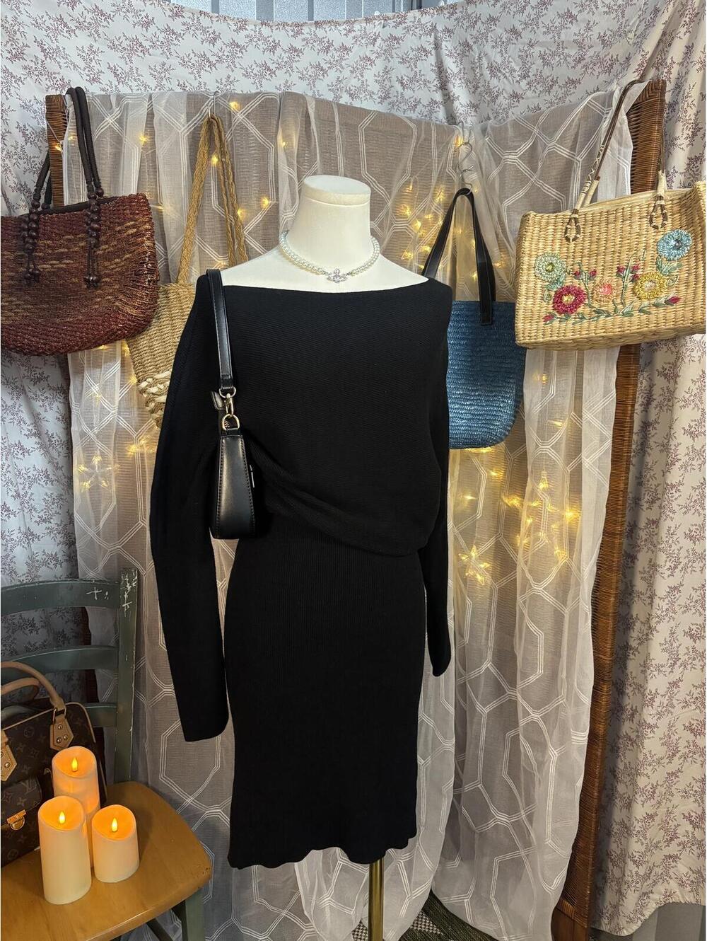 Banana Republic Black Off Shoulder Sweater Dress XS Minimalist Quiet Luxury